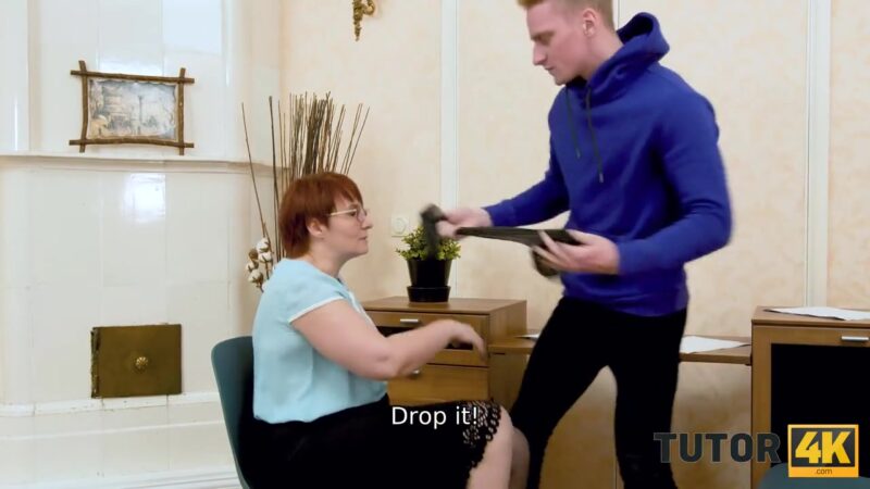 TUTOR4K. Mature redhead dragged into hard sex with impudent disciple